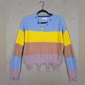 Pastel Striped Distressed V-Neck Sweater in Blue, Yellow, Brown, Lavender